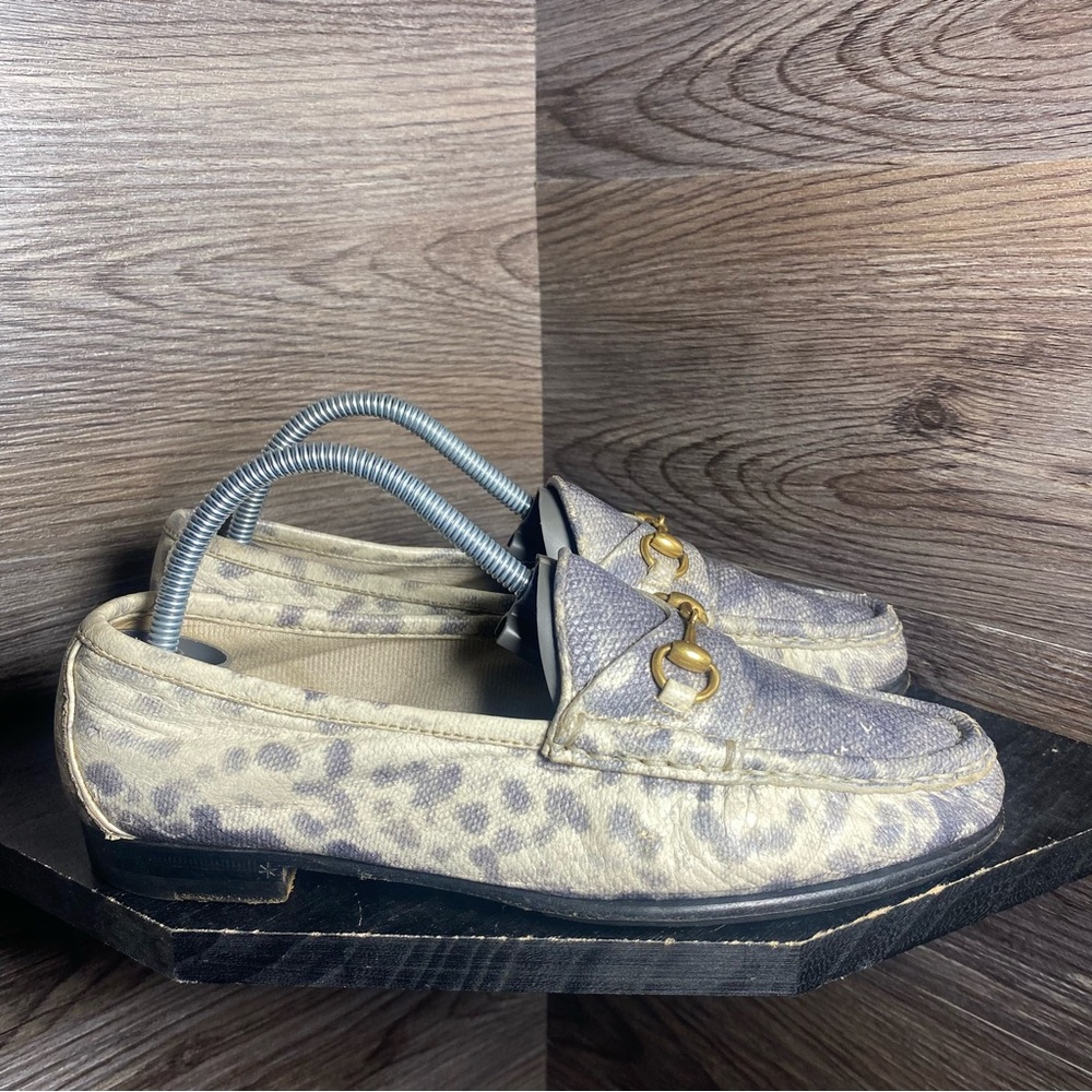 Gucci Leopard Print Leather Horsebit Loafers in Cream and Gray